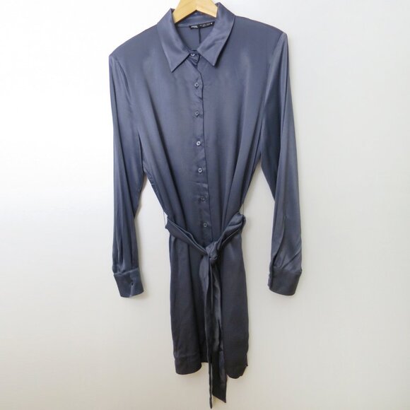Zara Knotted Satin Effect Shirt Dress Size L - Picture 6 of 14